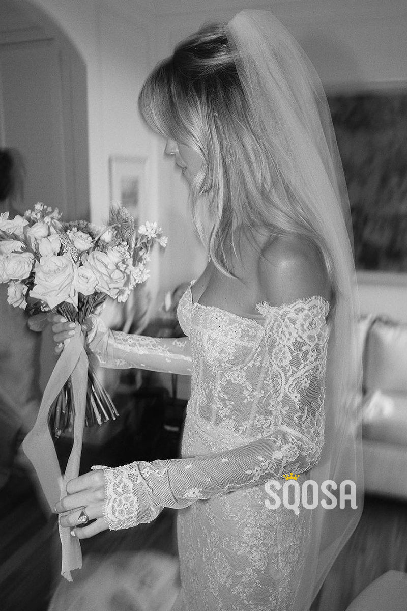 Trumpet/Mermaid Strapless Lace Sheer Boho Wedding Dress Bridal Gown QW8015