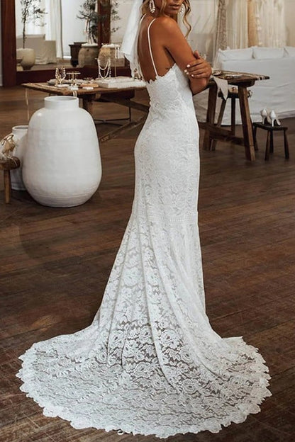 Beach Boho Wedding Dress Mermaid/Trumpet Spaghetti Straps Lace Bridal Gown QW2363