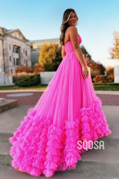 A-Line Strapless Tulle Pink Ball Gown Long Prom Dress Evening Gowns QP1016