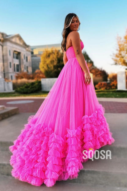 A-Line Strapless Tulle Pink Ball Gown Long Prom Dress Evening Gowns QP1016