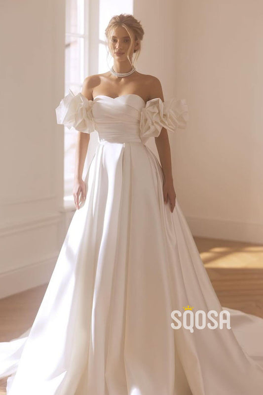 A-Line Floral Off-Shoulder Satin Casual Wedding Dress Bridal Gowns With Train QW8044