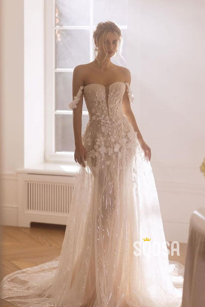 A-Line Off-Shoulder Applique Sheer Wedding Dress Bridal Gowns With Train  QW8041