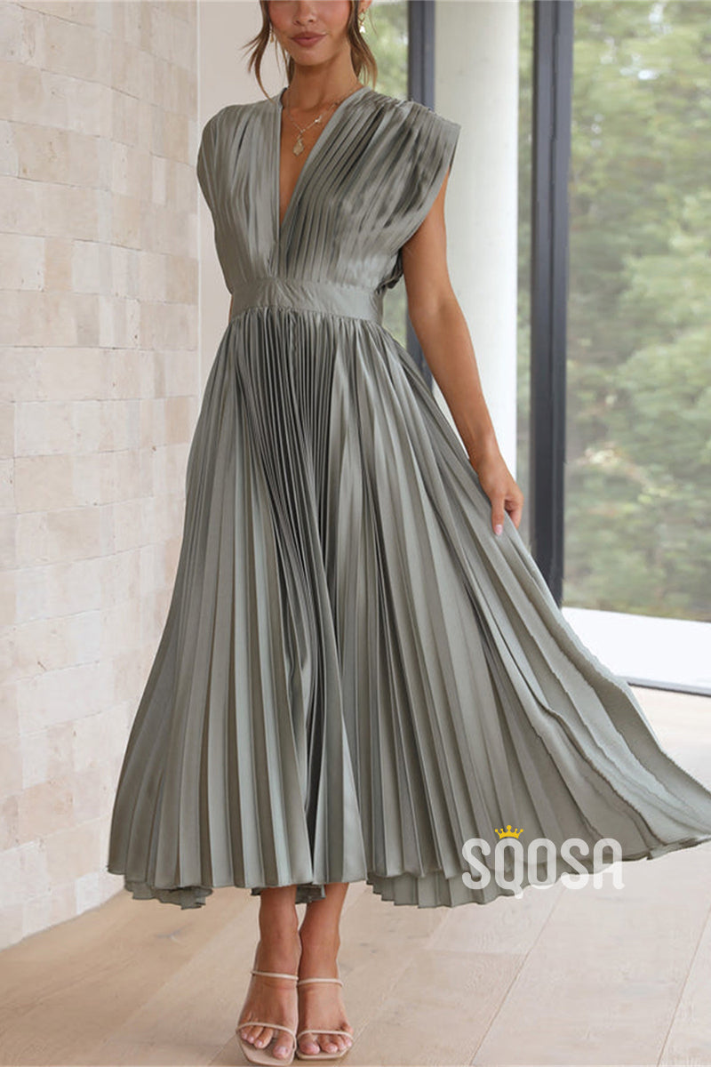 A-Line V-Neck Waist Pleated Mother of the Bride Dress Elegant Evening Gown QM3226