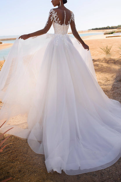 A Line Illusion Neckline Lace Appliques Long Sleeves Wedding Dress QW2631