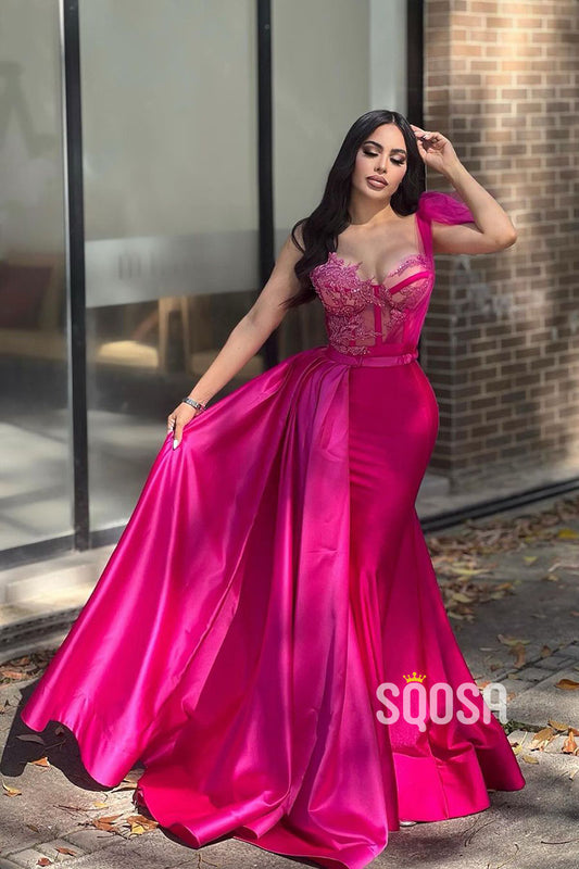 A-Line Applique One Shoulder Satin Hot Pink Prom Dress Evening Gown QP2865