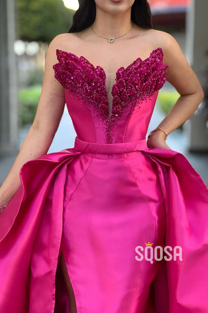 A-Line Strapless Pink Sweetheart Satin Detachable Train Prom Evening Dress QP1224