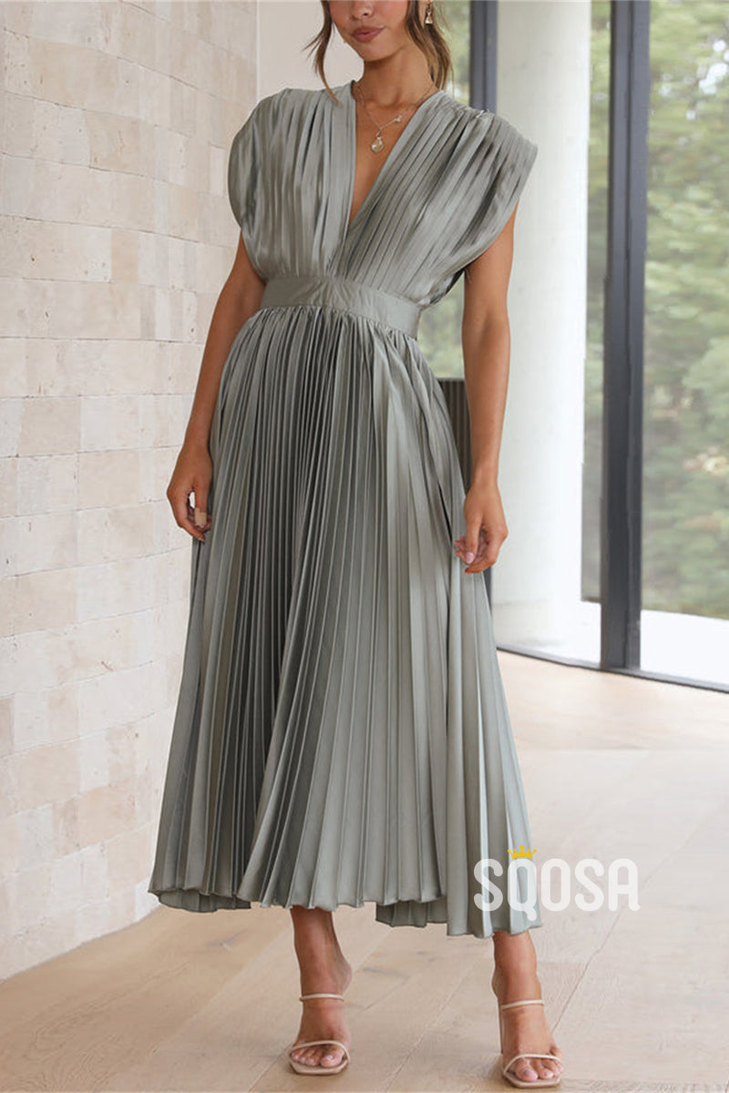 A-Line V-Neck Waist Pleated Mother of the Bride Dress Elegant Evening Gown QM3226