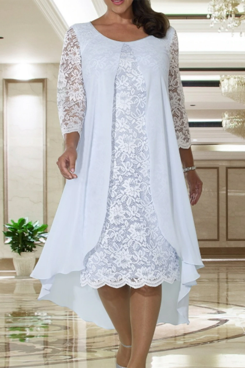 Two Piece A-Line Mother of the Bride Dress Plus Size Elegant Jewel Neck Tea Length Chiffon QM3180