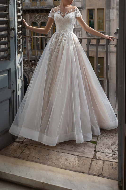 A Line Illusion Neckline Short Sleeves Lace Appliques Rustic Wedding Dress QW2644