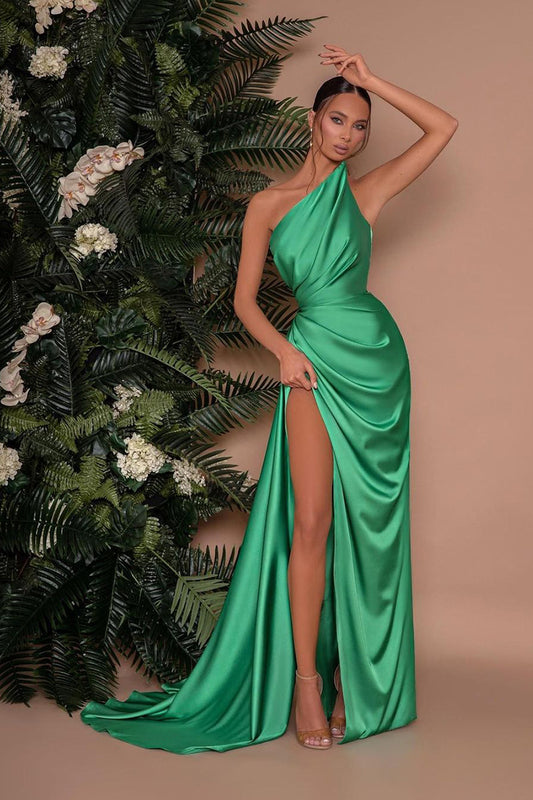 Unique One Shoulder Satin Pleated Green Long Bridesmaid Dress with Slit QB3082