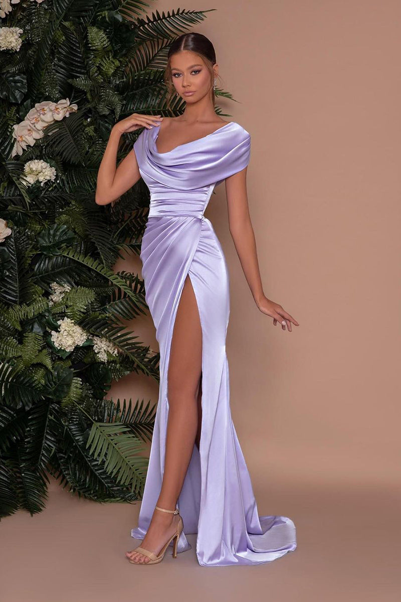 Sheath Satin Pleated Scoop Side Slit Lilac Long Bridesmaid Dress QB3084