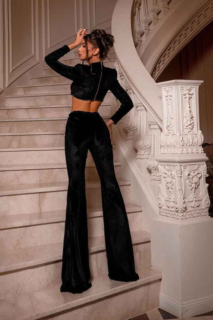 Chic High Neck Beads Black Velvet Long Sleeves Sexy Formal Party Dress QP1342