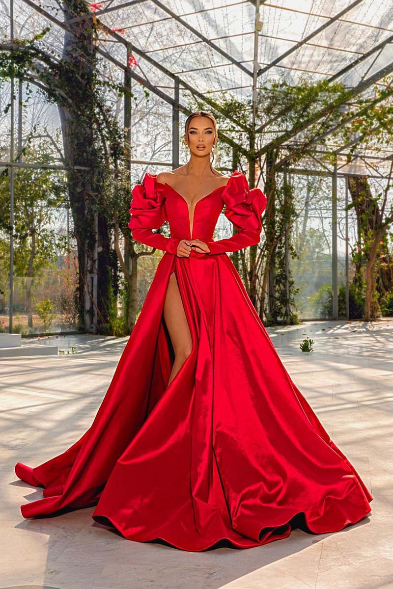 Plunging V-Neck Sexy High Split Long Sleeves Red Formal Evening Dress QP2960