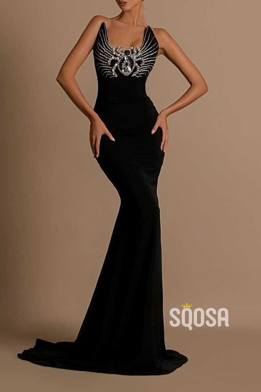 Black Trumpet Strapless Sleeveless Beaded Formal Prom Dress  QP3493