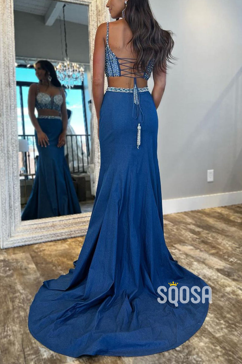 Two-Piece Beaded Spaghetti Straps With Train Party Prom Evening Dress  QP3273