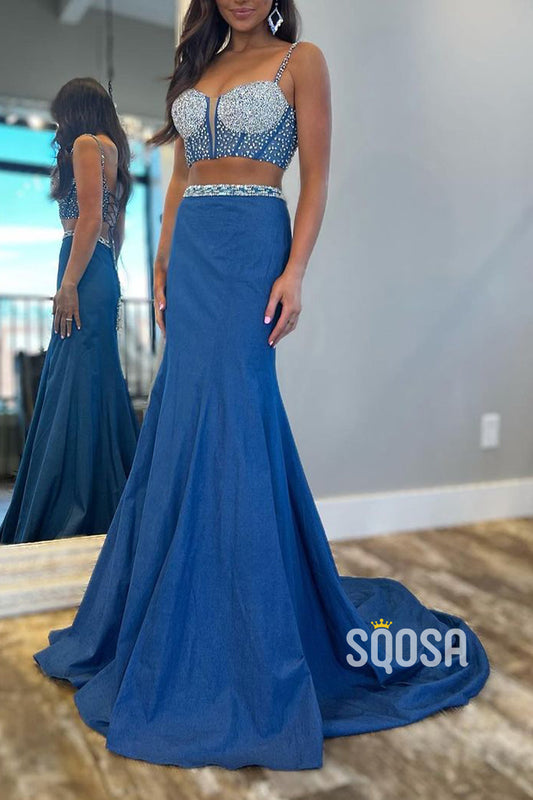 Two-Piece Beaded Spaghetti Straps With Train Party Prom Evening Dress  QP3273