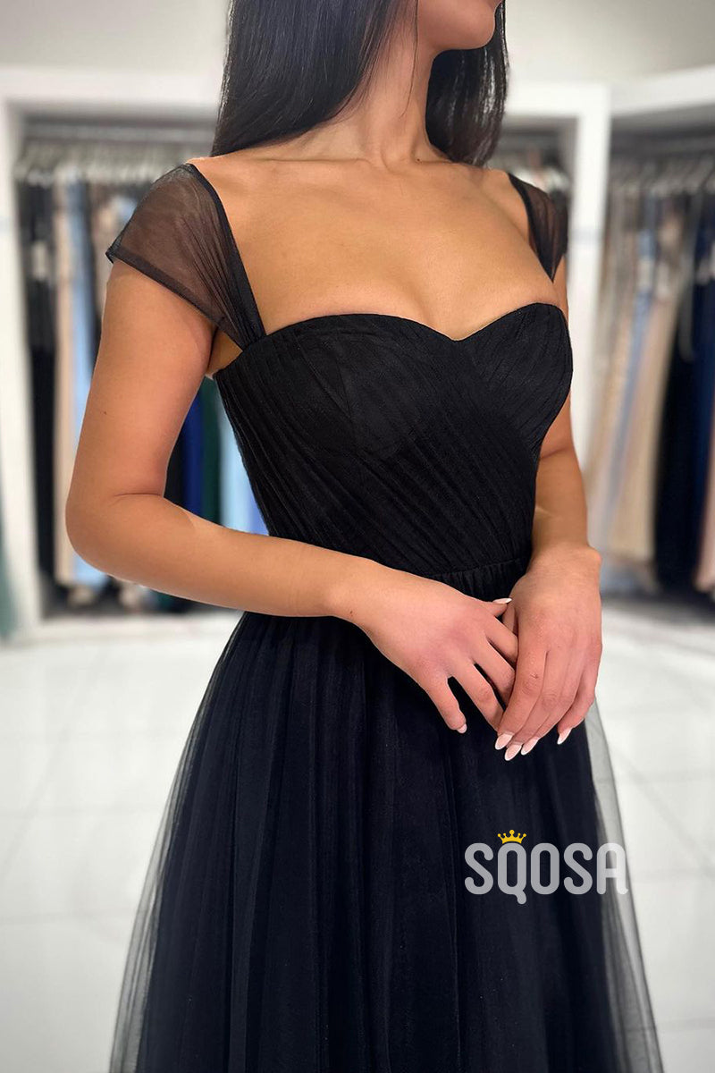 Chic & Modern A-line Off-Shoulder Straps Black Tulle Long Prom Dress QP2144