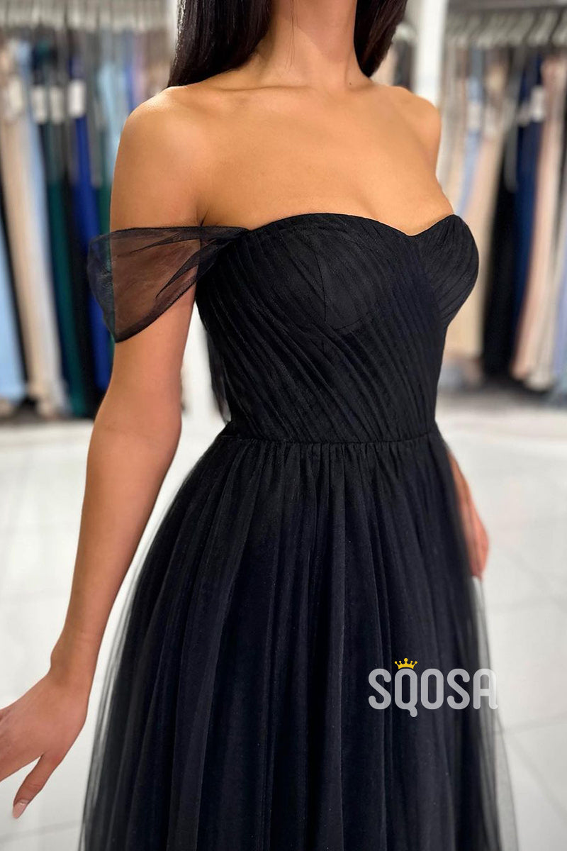 Chic & Modern A-line Off-Shoulder Straps Black Tulle Long Prom Dress QP2144