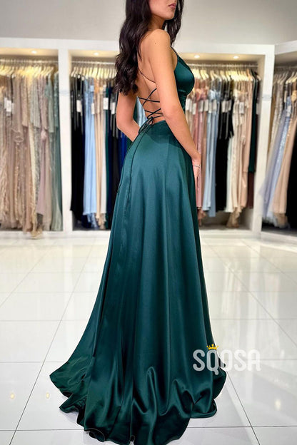 Plunging V-neck Green Blue Elastic Satin Formal Dress with Slit QP2959