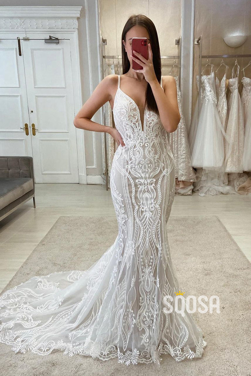 Trumpet V-Neck Spaghetti Straps Detachable Tulle Train Lace Applique Wedding Dress QW8103