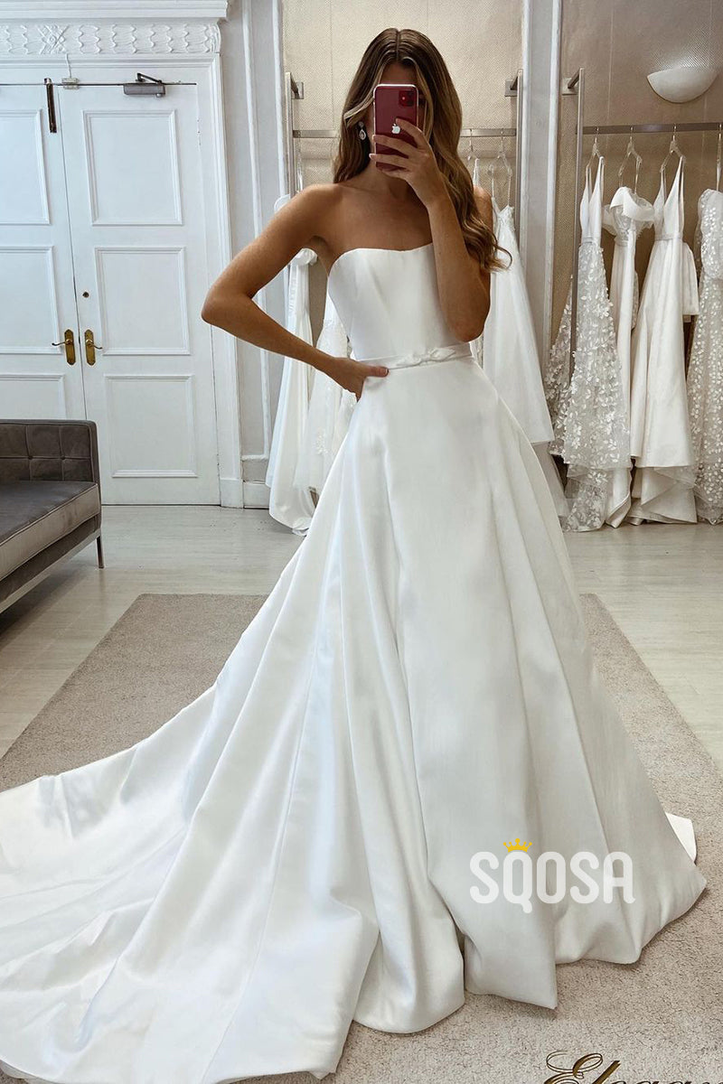 Simple Satin A-Line Sweetheart Strapless Belt With Train Wedding Dress  QW8107