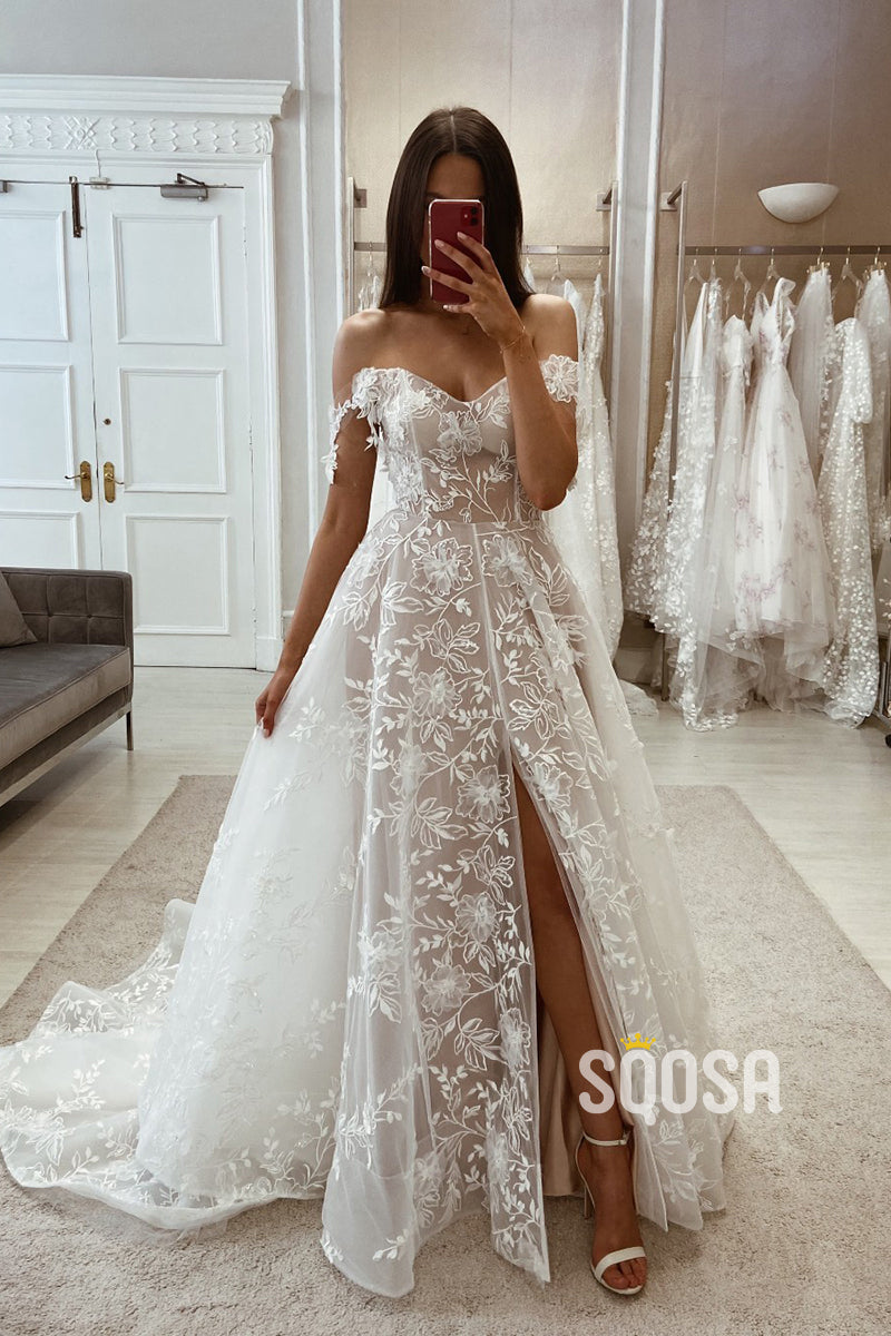 Chic Tulle A-Line Off-Shoulder Lace Applique With Side Slit Train Wedding Dress QW8109