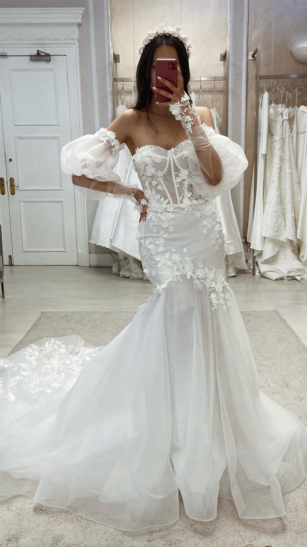Tulle Trumpet Sweetheart Detachable Puff Sleeves Appliques With Tulle Train Wedding Dress QW8120