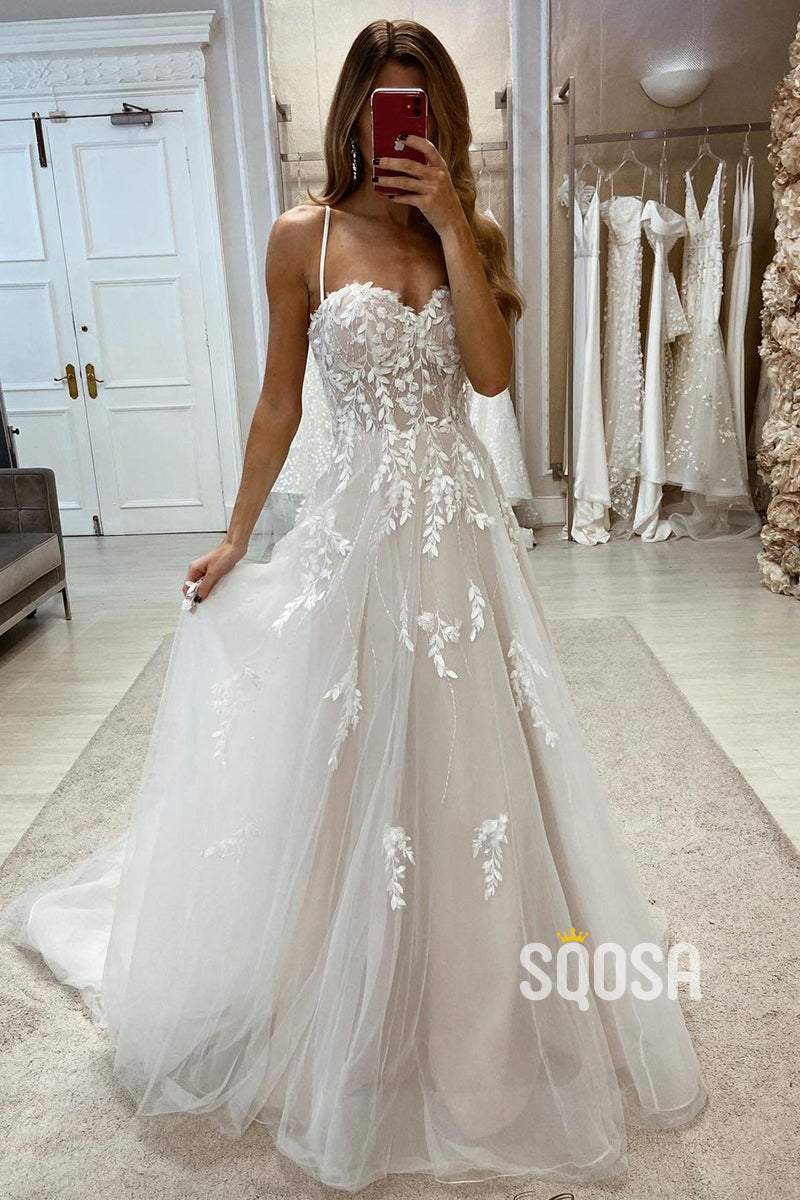 Sweetheart Spaghetti Straps A-Line Tulle Lace Applique With Tulle Train Wedding Dress QW8111