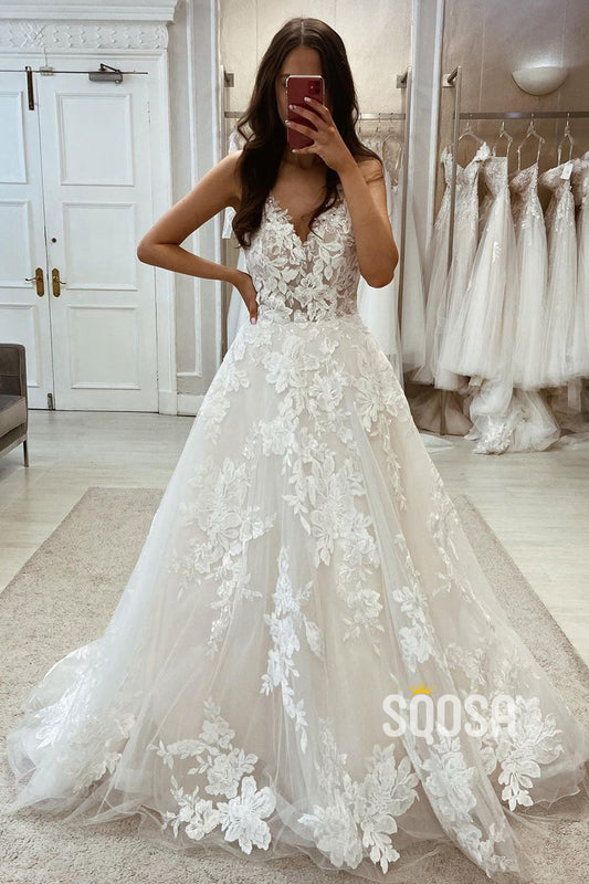 Sexy Tulle A-Line V-Neck Spaghetti Straps Lace Applique With Train Wedding Dress QW8110