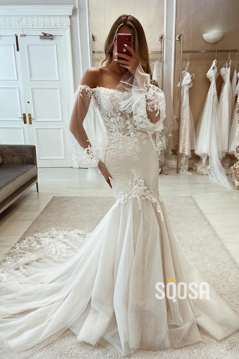 Off-Shoulder Long Sleeve Empire Lace Applique Sexy Trumpet With Tulle Train Wedding Dress QW8106