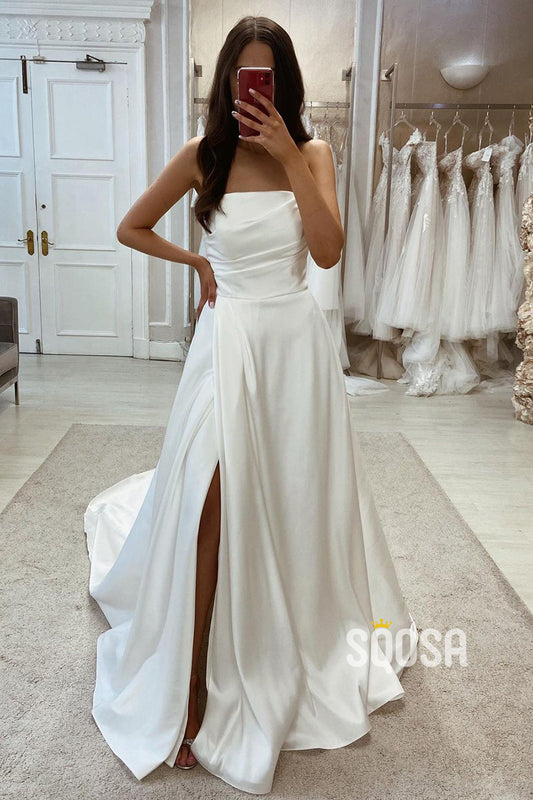Satin A-Line Square Strapless Ruched With Side Slit Beach Wedding Dress QW8121