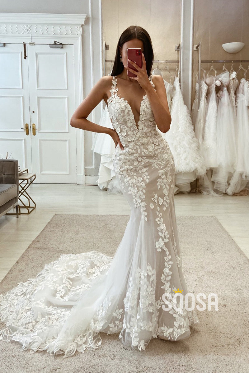 Sexy Lace Trumpet V-Neck Spaghetti Straps Appliques With Tulle Train Wedding Dress QW8114