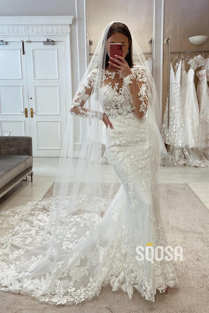 Sexy Lace Trumpet Scoop Long Sleeve Appliques With Train Boho Wedding Dress QW8105