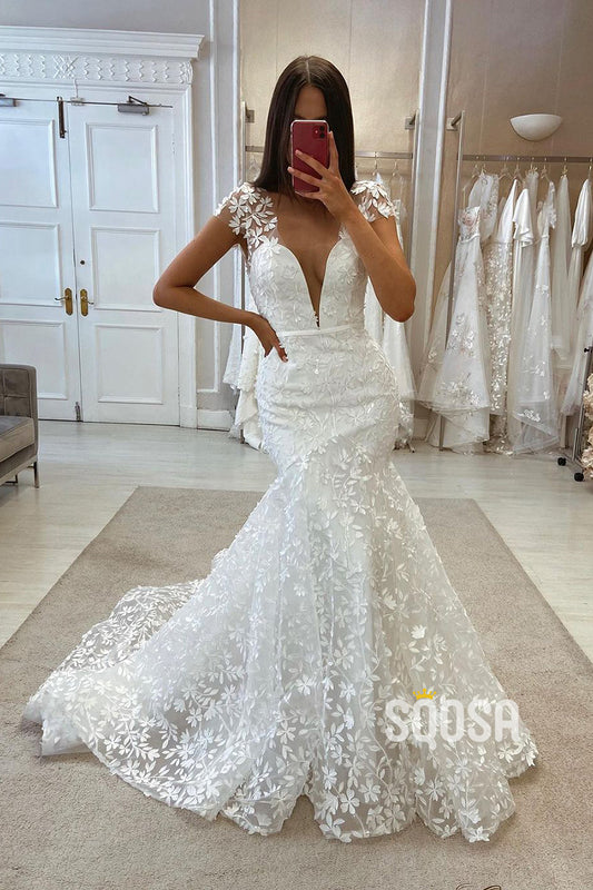 V-Neck Cap Sleeves Tulle Trumpet Lace Applique With Train Wedding Dress QW8112