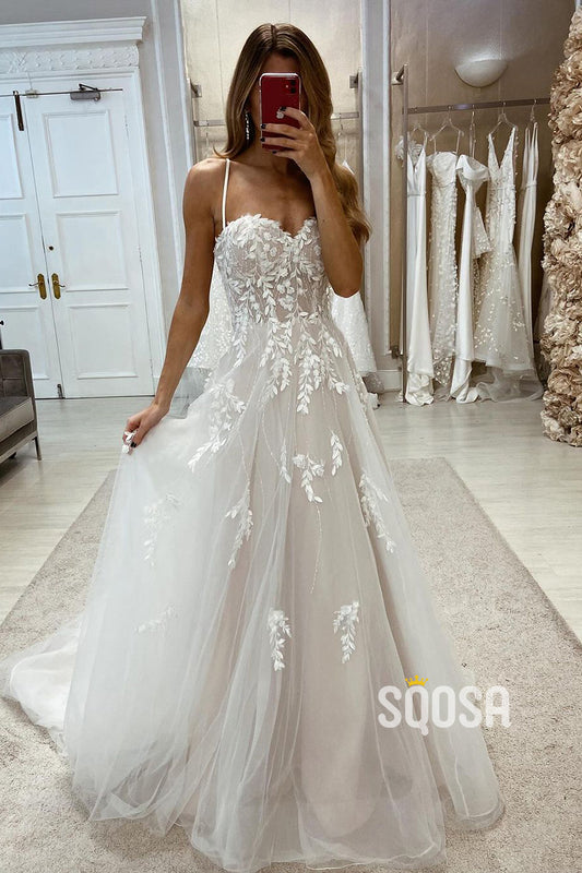 Sweetheart Spaghetti Straps Tulle A-Line Lace Applique With Train Wedding Dress QW8101