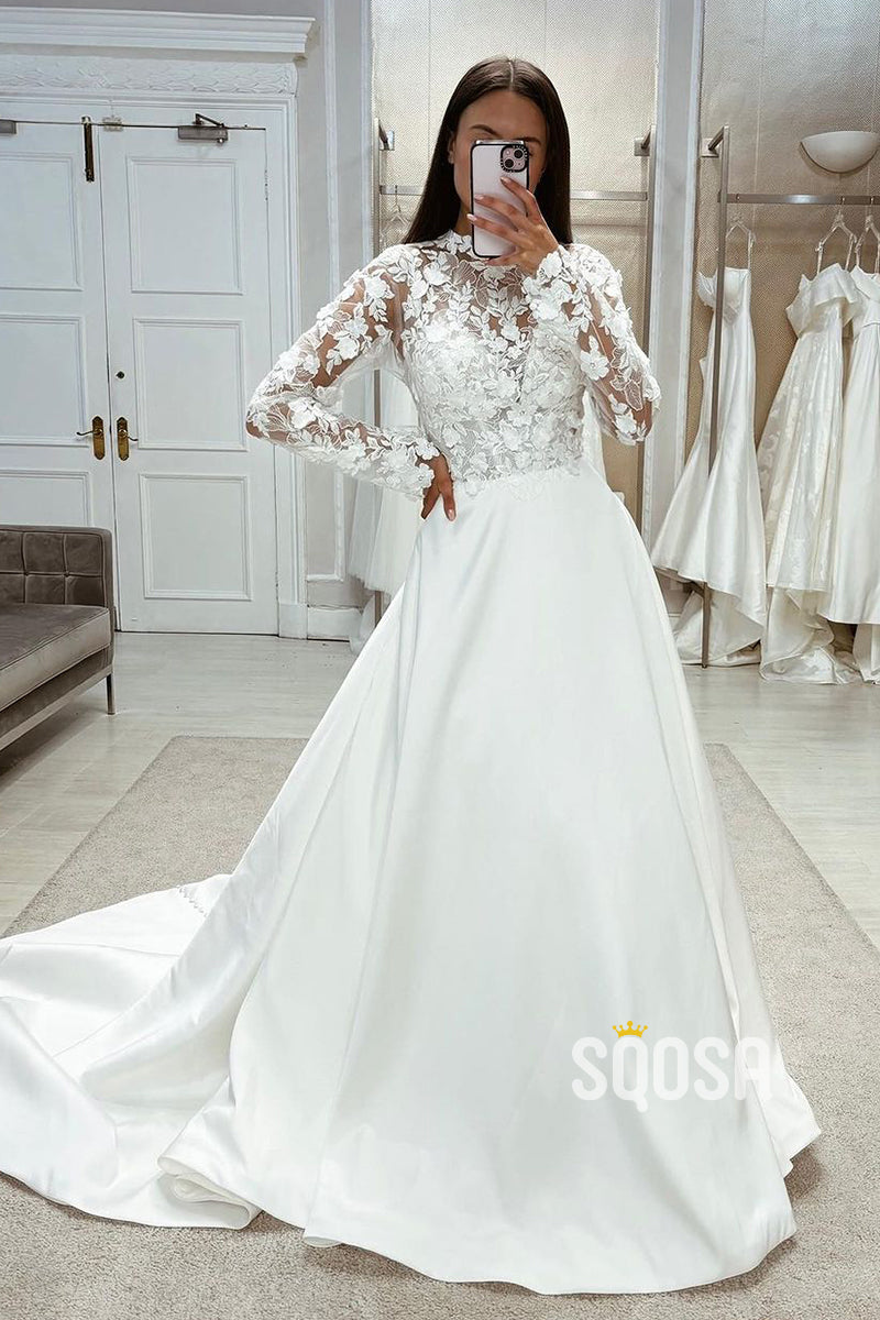 Two Tone A-Line High Neck Long Sleeve Lace Applique With Train Wedding Dress  QW8099