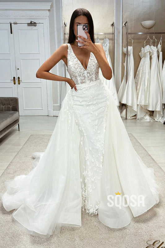 A-Line V-Neck Sleeveless  Lace Applique With Overskirt Train  Wedding Dress QW8098