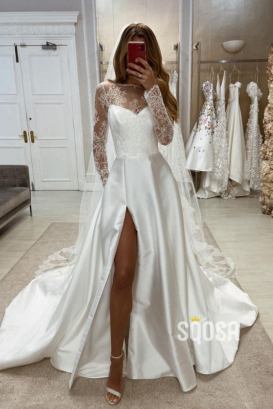 Chic Satin A-Line Lace Long Sleeves Appliques With Side Slit Train Wedding Dress QW8095