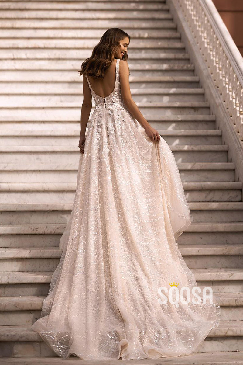 Sparkly V-Neck Applique Court Train Wedding Dress Bridal Gowns With Split QW8048