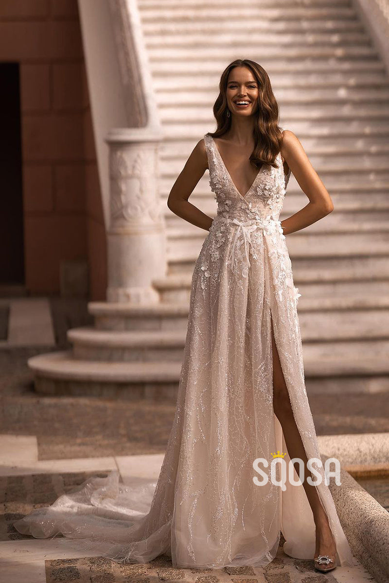 Sparkly V-Neck Applique Court Train Wedding Dress Bridal Gowns With Split QW8048