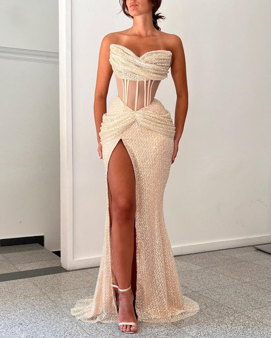 Attractive Strapless Beaded Embroidery Champagne Prom Dress Evening Dress QP2283