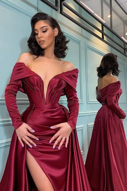Attractive Deep V Neck Satin Pleats Long Sleeves Mermaid Prom Formal Dress with Slit QP2650