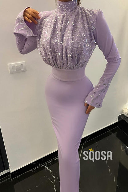 High Neck Long Sleeve Sequined Ruched Fitted Party Prom Evening Dress  QP3255