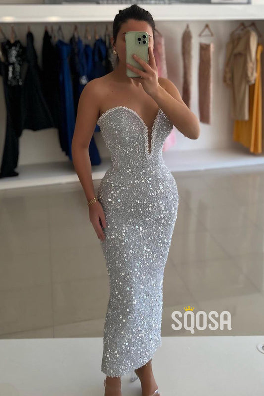 Sparkly Sheath Strapless Sequins Beaded Long Prom Dress Evening Gowns QP3227