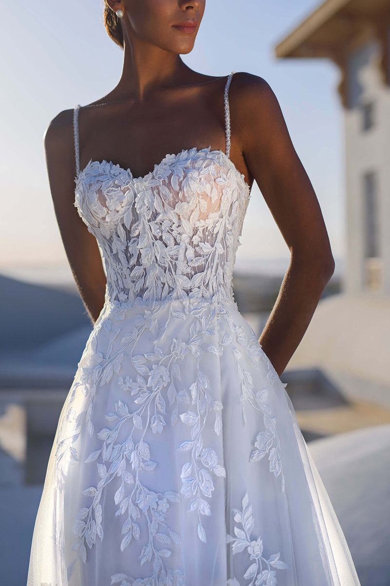 A Line Spaghetti Straps Lace Appliques Romantic Wedding Dress QW2632