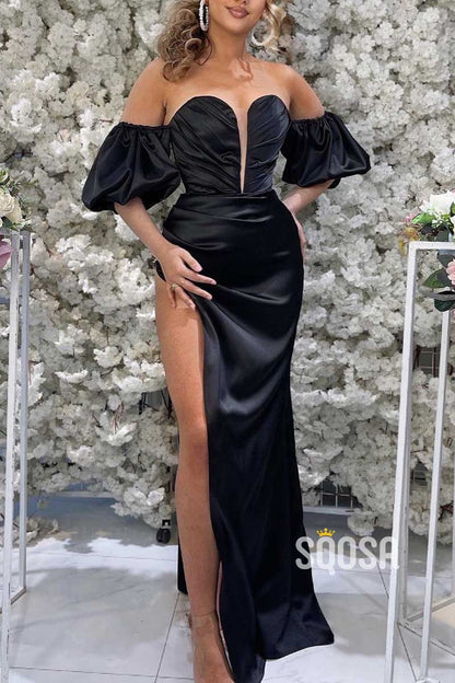 Black Sweetheart Puff Sleeves Empire Pleats With High Slit  Formal Prom Dress QP3481