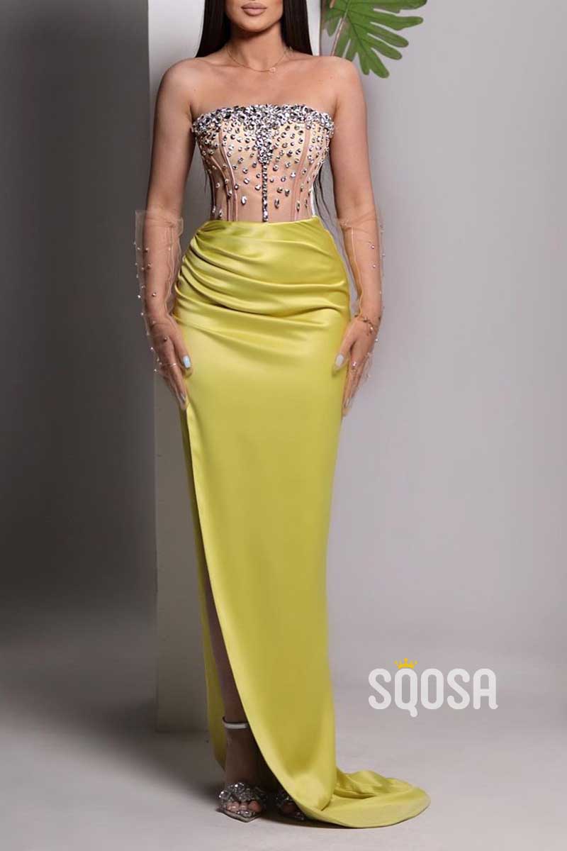 Sheath Strapless Sleeveless Beaded Ruched With Side Slit Formal Prom Dress QP3476