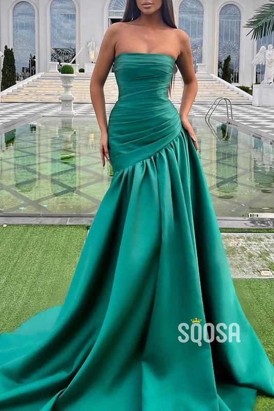 Simple Satin Trumpet Strapless Sleeveless With Train Formal Prom Dress QP3471