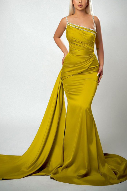Bead Straps Pleats Mermaid Long Formal Evening Gowns QP2980