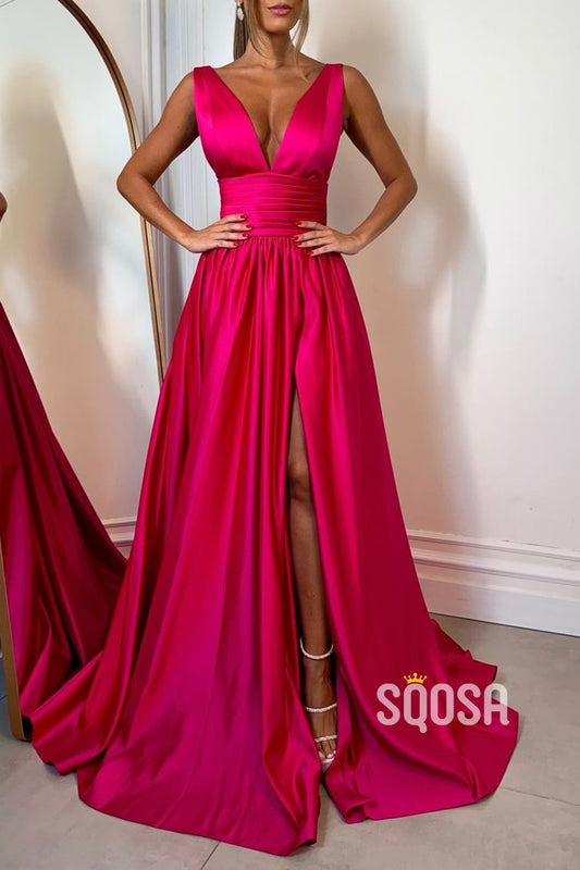 Satin A-Line V-Neck Sleeveless Ruched With Side Slit Train Party Prom Evening Dress  QP3265